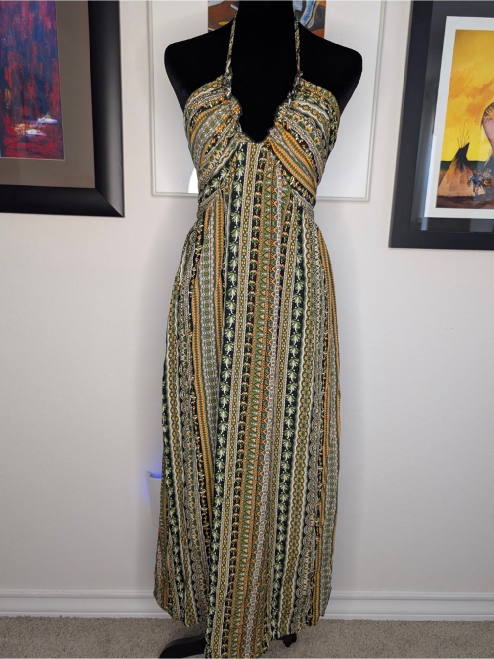 Bohemian Halter Maxi Dress in Green and Gold